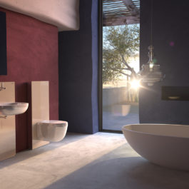 Très belle salle de bains design dans le stons prune et bleu marine - Geberit