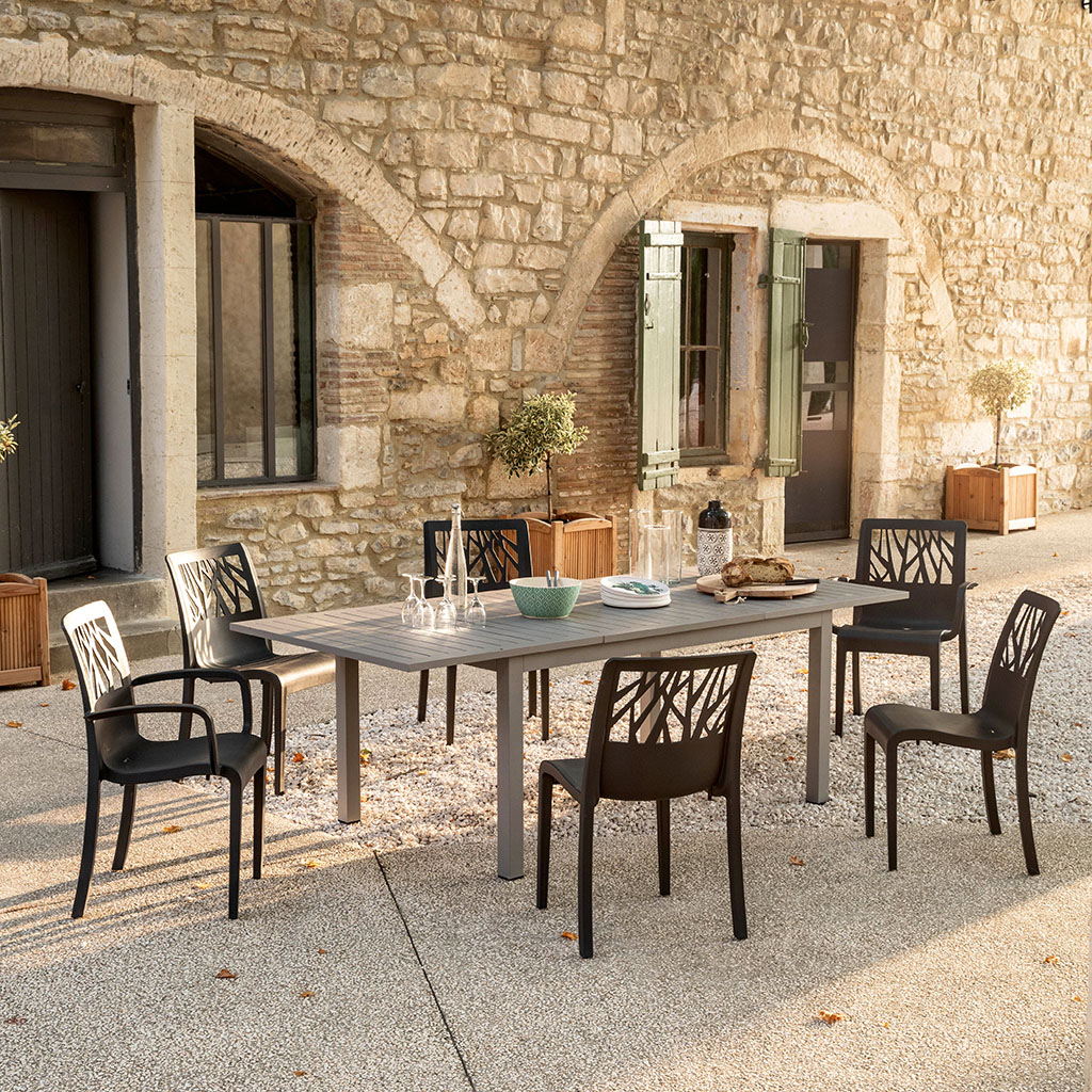 Une jolie table de jardin entourée de 6 chaises est placée dans a cour d'une Bastide provençale