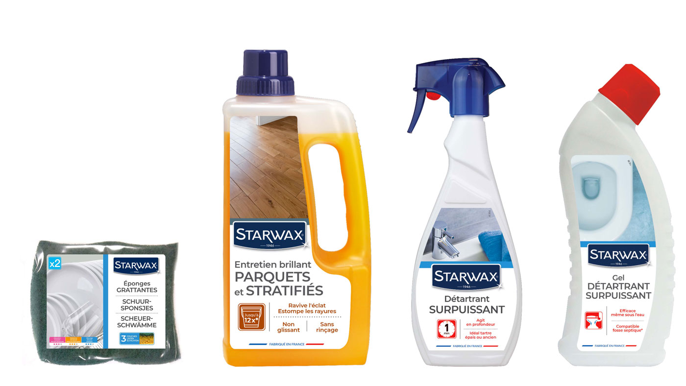 les produits Starwax dans leurs nouveaux emballages qui nspirent la propreté parfaite